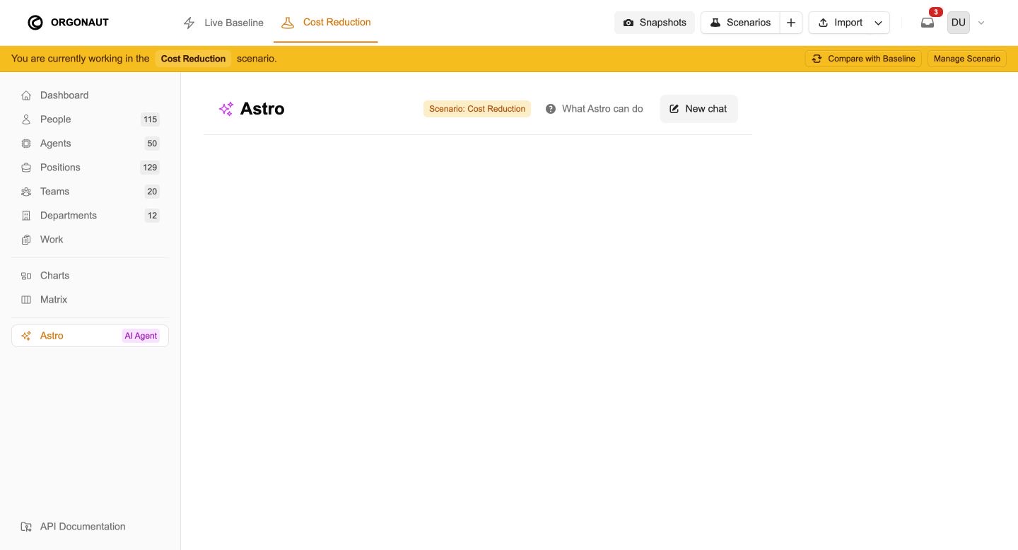 Astro workspace open inside the Cost Reduction scenario in Orgonaut