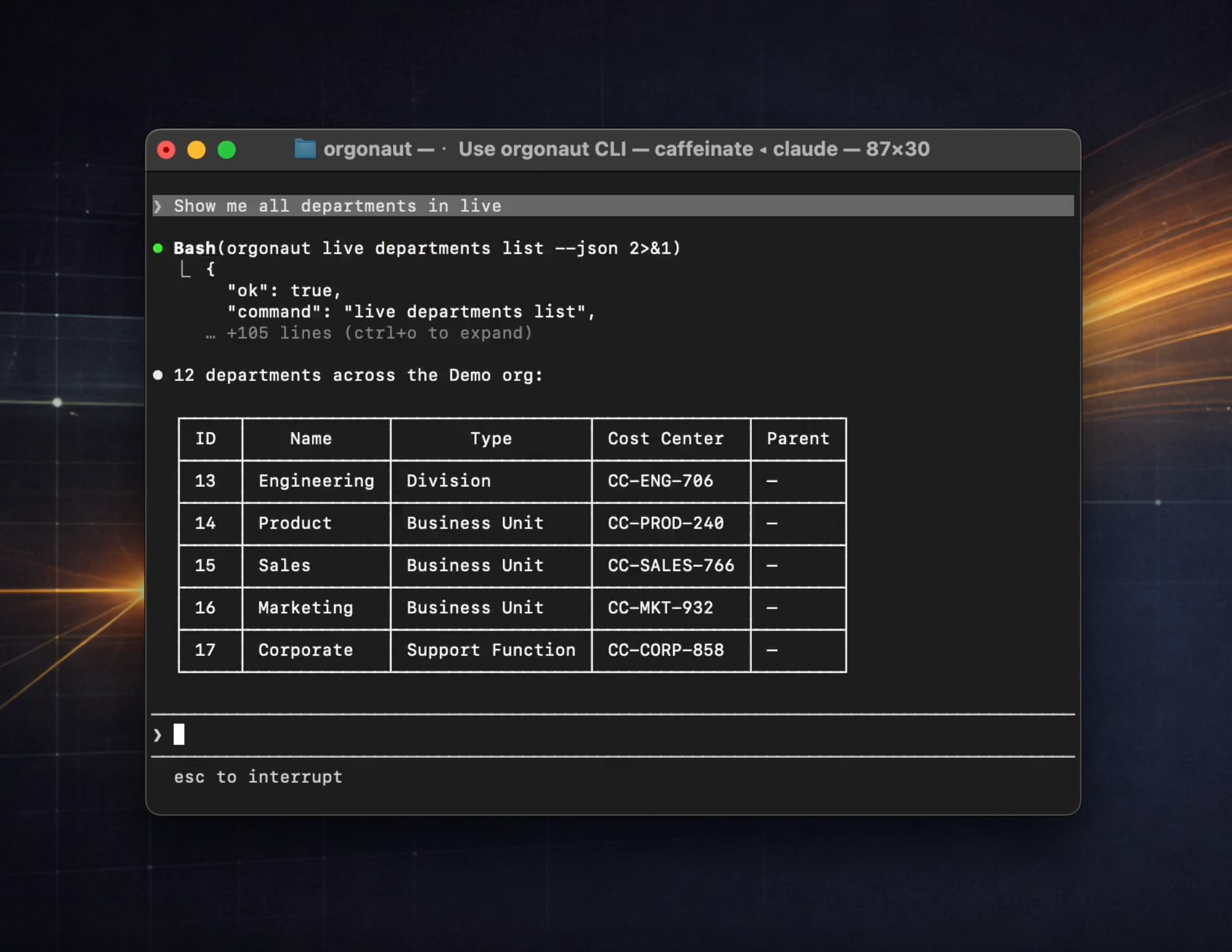 Claude Code asking Orgonaut for department information through the CLI