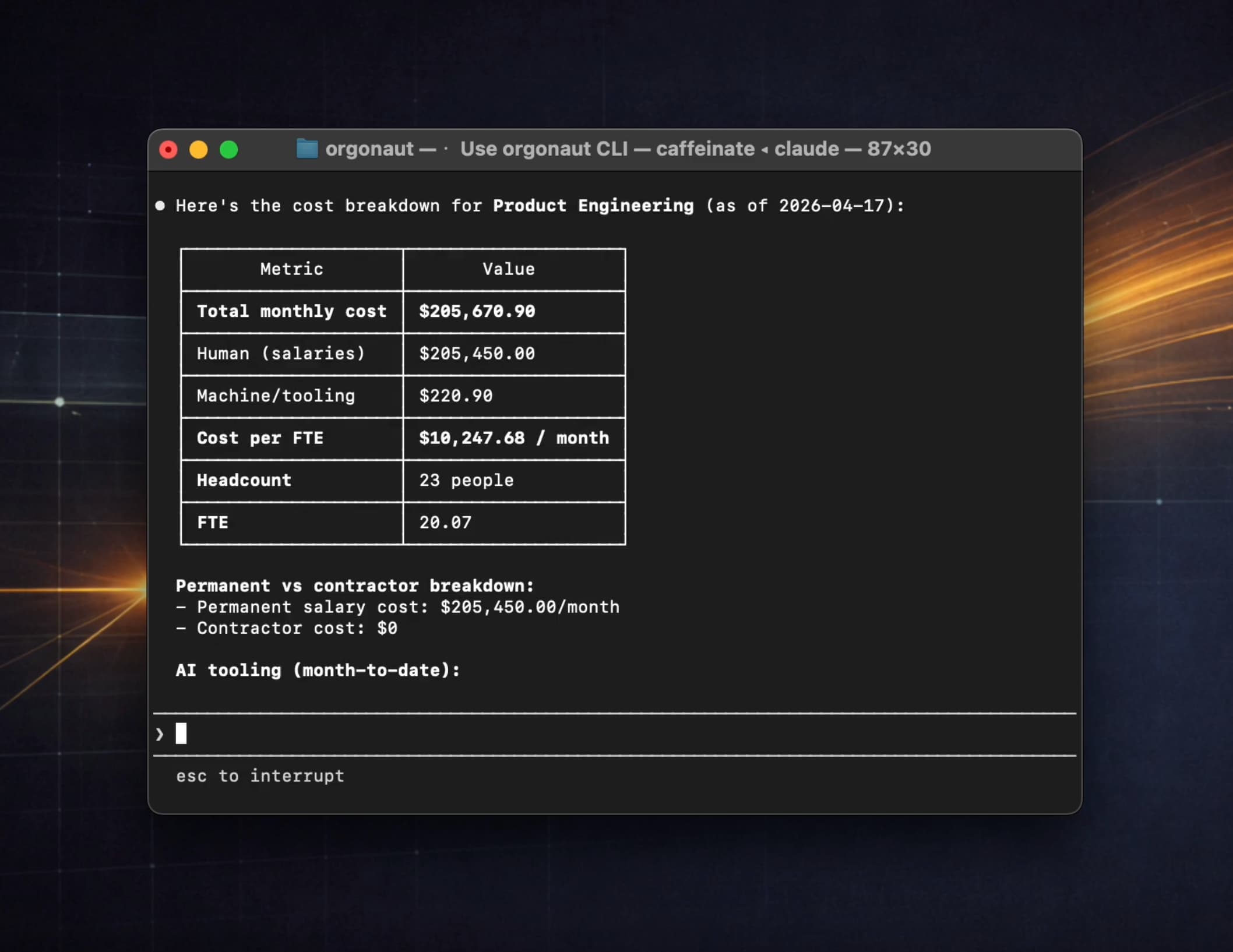Claude Code querying cost information from Orgonaut through the CLI