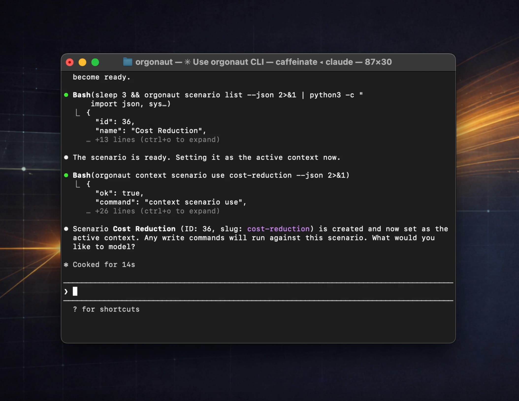 Claude Code creating a scenario in Orgonaut through the CLI