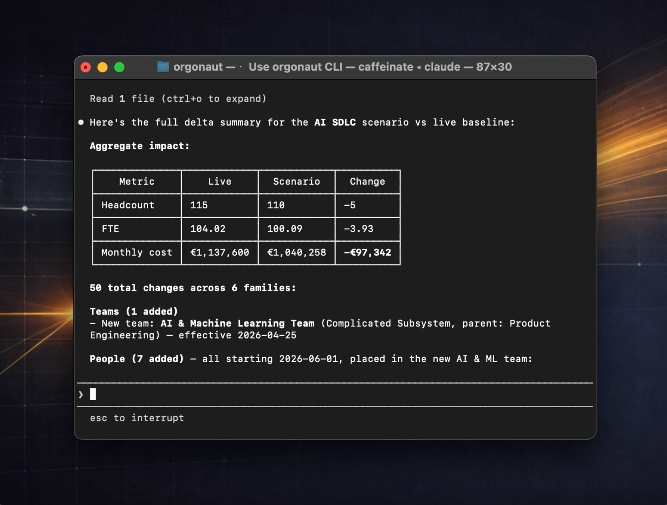 Claude Code reviewing an Orgonaut scenario delta summary