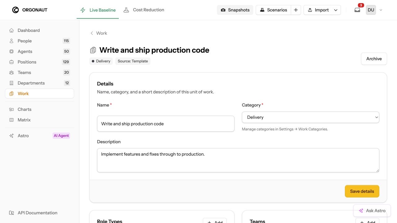 Orgonaut Work Catalog activity with category, description, role types, and teams