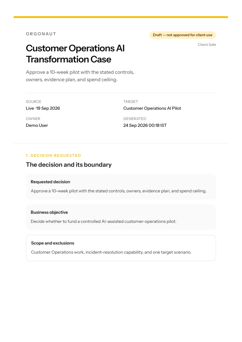 Proposal cover generated by Cases: Customer Operations AI Transformation Case, requesting approval for a controlled pilot; marked draft, not approved for client use