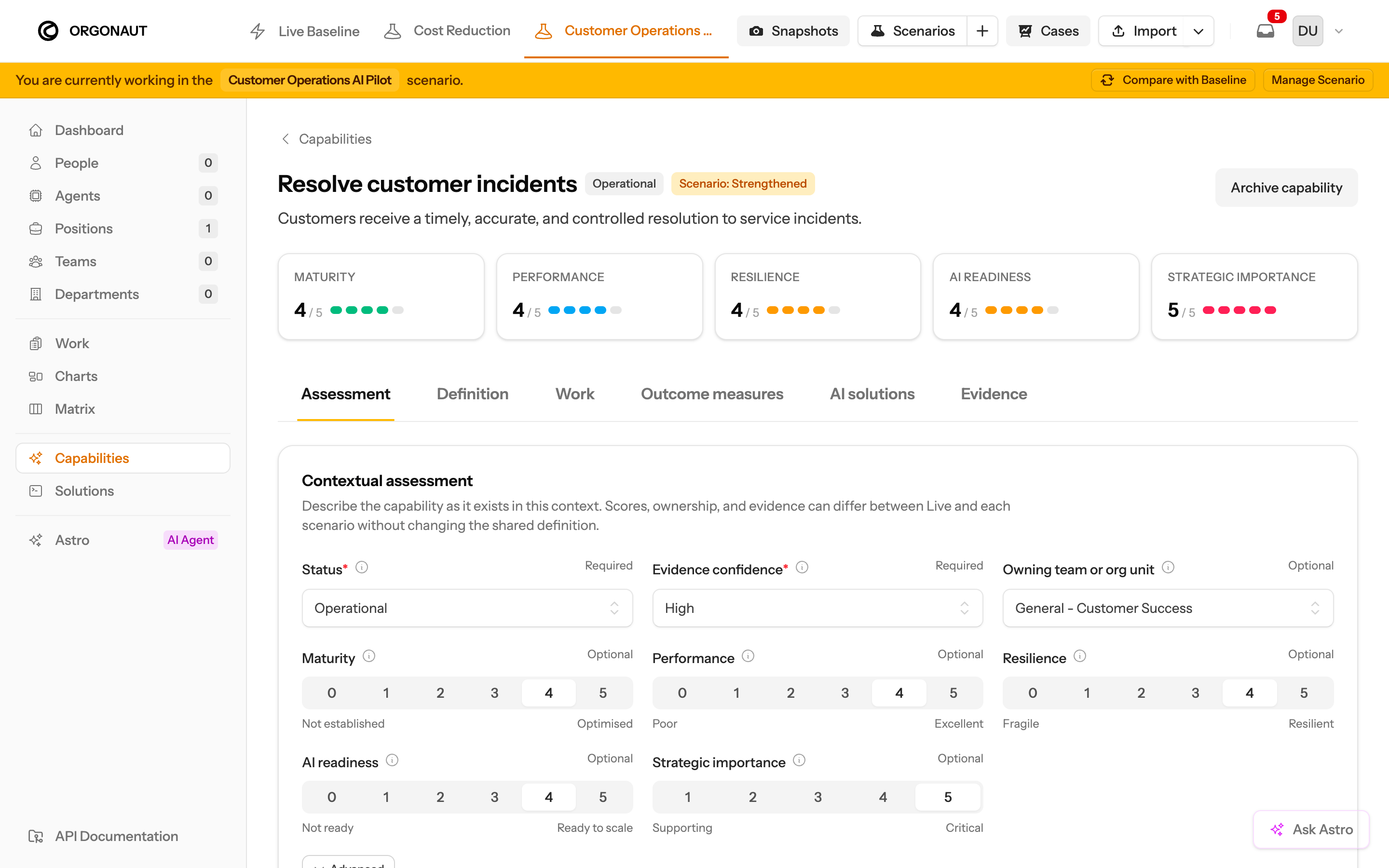Fictional Resolve customer incidents capability with target maturity, ownership, measures, Work, AI Solutions, and evidence