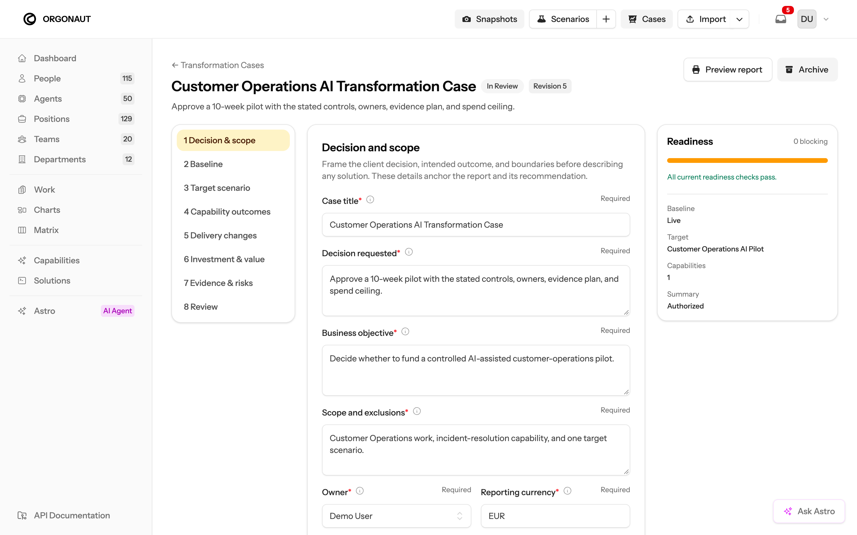 Fictional Customer Operations Transformation Case with all readiness checks passing