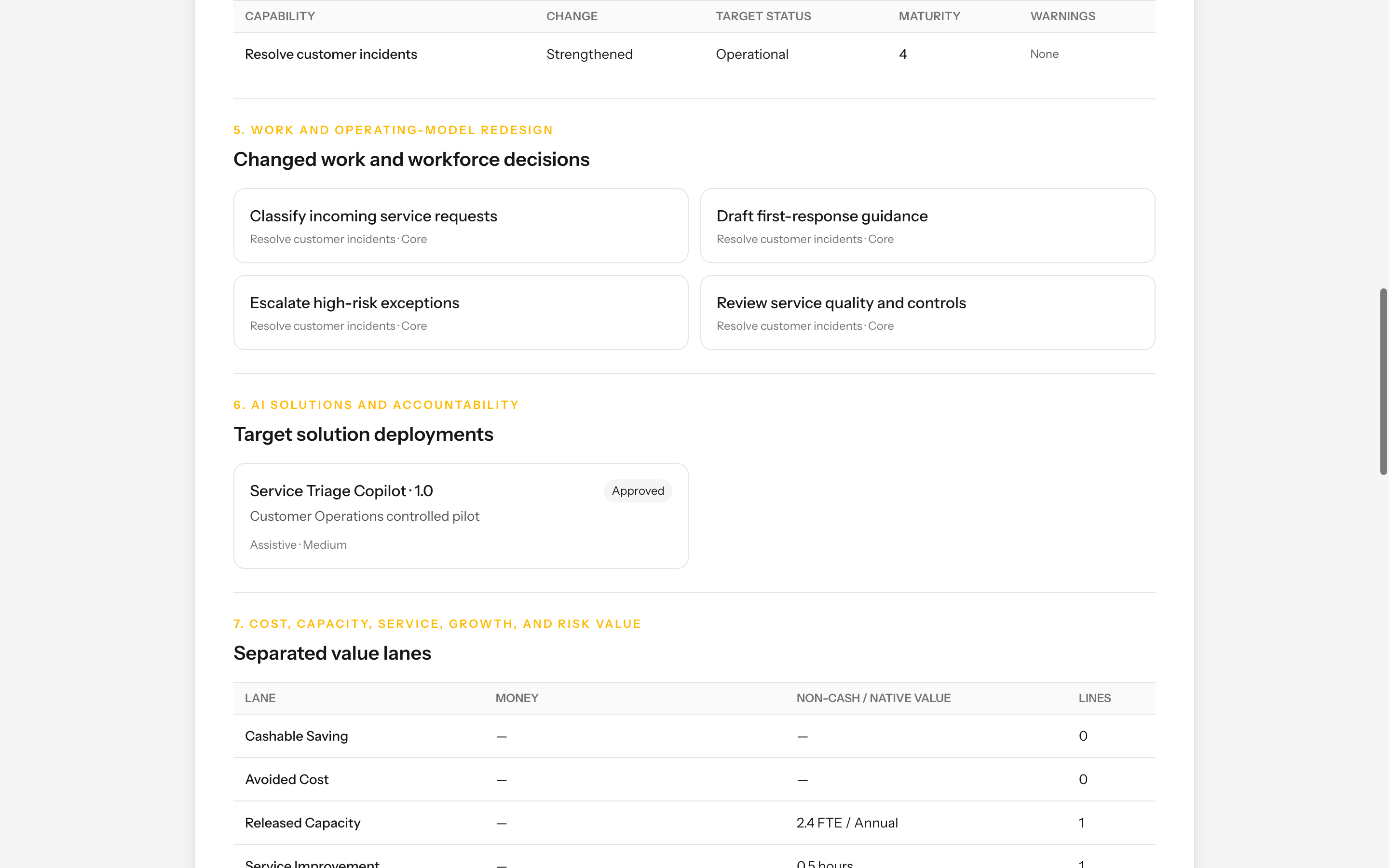 Fictional Transformation Case report showing AI accountability and separated value lanes