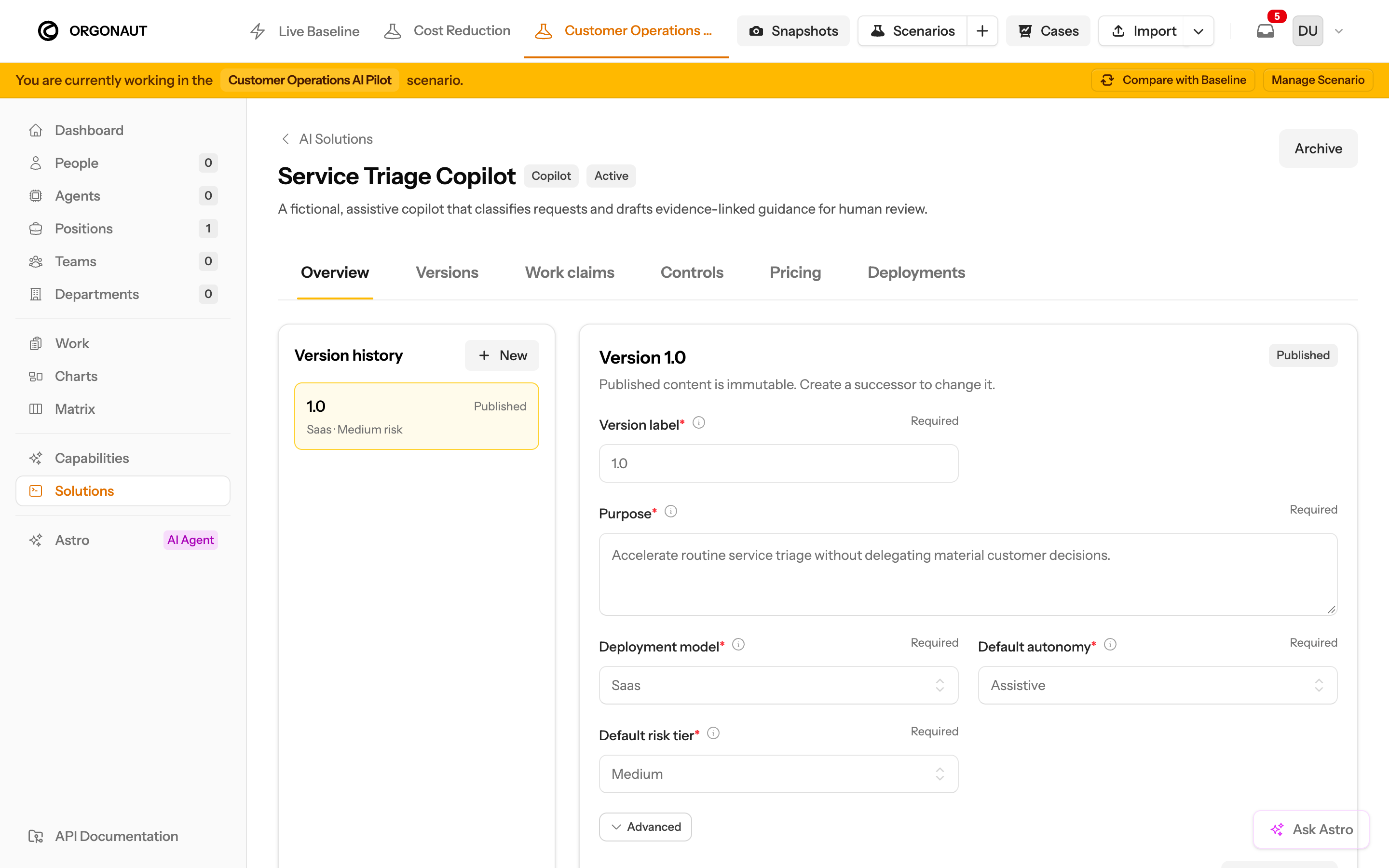 Published fictional Service Triage Copilot version in the Orgonaut AI Solutions workspace